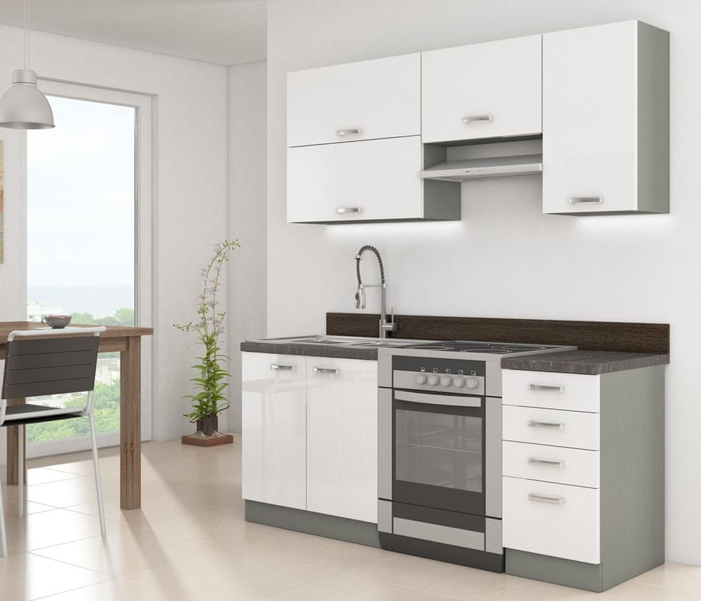 Veneti Paneláková kuchyňa 180/180 cm GENJI 2 - lesklá biela / šedá + LED, pracovná doska a drez ZDARMA
